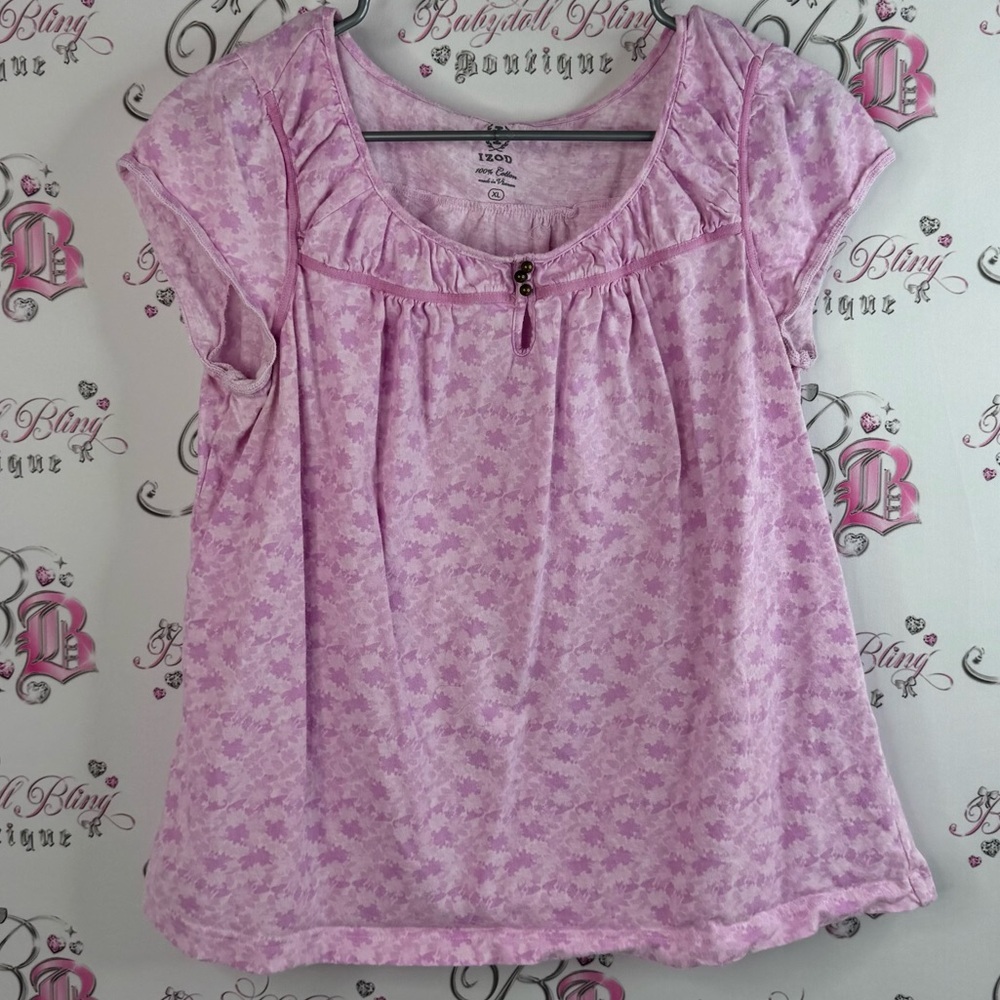 Izod tshirt milkmaid water color tie dye style buttons Light Purple pink Blouse